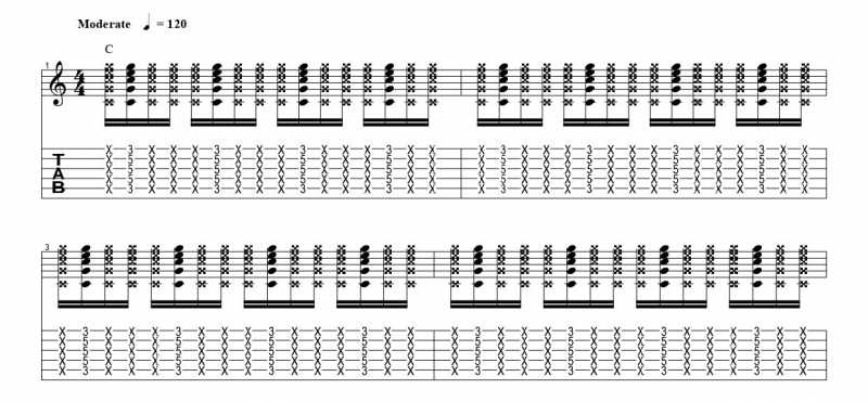 練習フレーズ1：16分音符を基本とした4分音符のごとに音を鳴らすリズムパターンの16分音符の二つ目の音を鳴らす