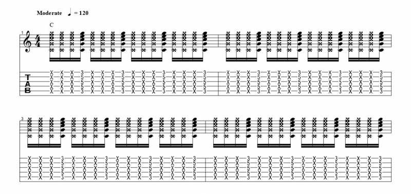 練習フレーズ1：16分音符を基本とした4分音符のごとに音を鳴らすリズムパターンの16分音符の四つ目の音を鳴らす