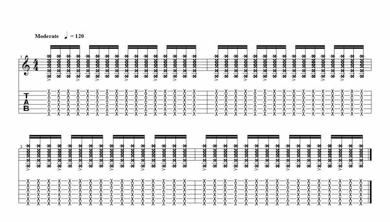 練習フレーズ2：16分音符を基本とした付点八分音符ごとにアクセントをつけるリズムパターン6つ目