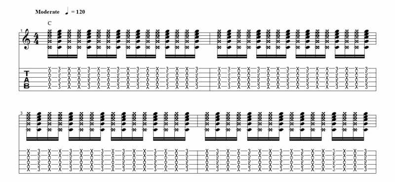 練習フレーズ2：16分音符を基本とした付点八分音符のリズムパターンを1音ずらす