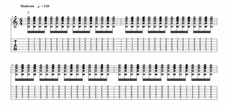 練習フレーズ2：16分音符を基本とした付点八分音符のリズムパターンを3音ずらす