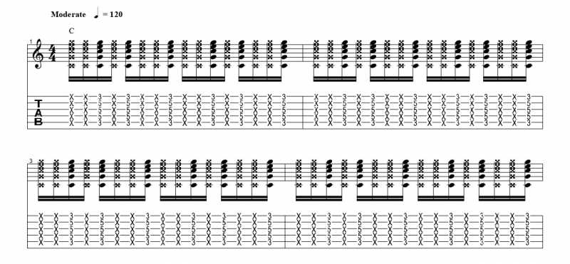 練習フレーズ2：16分音符を基本とした付点八分音符のリズムパターンを4音ずらす