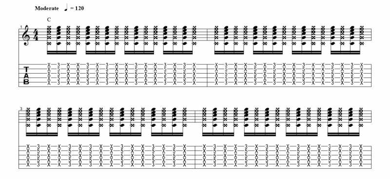 練習フレーズ2：16分音符を基本とした付点八分音符のリズムパターンを6音ずらす