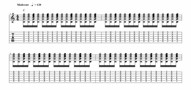 練習フレーズ2：16分音符を基本とした付点八分音符のリズムパターンを7音ずらす