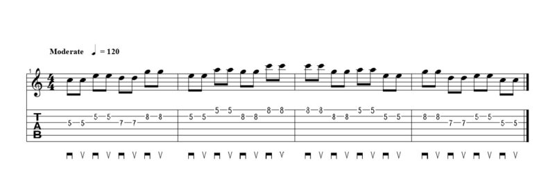練習フレーズ4：弦移動がある異弦同フレットのオルタネイトピッキングのフレーズ
