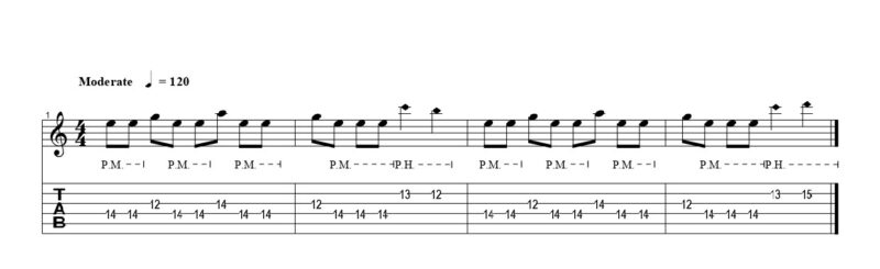 練習フレーズ2：高音弦リフで行うピッキングハーモニクス