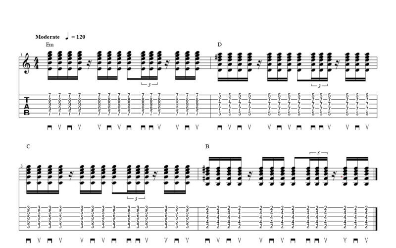 練習フレーズ3：8分音符をベースに高速3連符でアクセントを入れるラスゲアート奏法